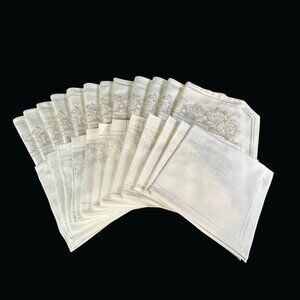 Set Of 12 Vintage Off White Floral Damask Linen Placemats & Napkins Elegant NWOT